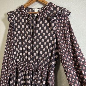 H&M Brown Floral Ruffle Long sleeve Blogger Fave Boho Peasant Midi Dress sz 4